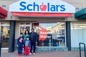 Raj and Rachel Mathew – pictured with sons Caleb, 10 and Aaron, 7 – opened their Scholars South Surrey location in February 2025. The tutoring business is now looking to award to scholarships to two students. (Contributed to Peace Arch News)