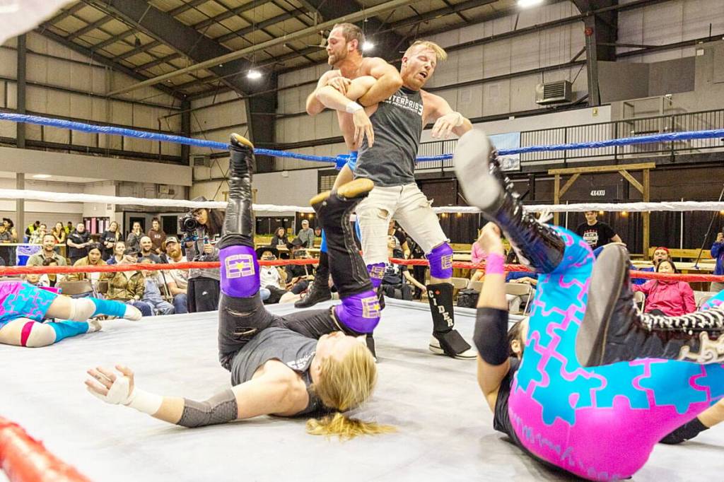 Competitors from an All Star Wrestling show in the Longhorn Saloon do battle at the 134th Cloverdale Country Fair. The City of Surrey recently granted the rodeo association a 5-year lease agreement, solidifying the rodeo and fair for the next five years. (Photo: Jason Sveinson/Cloverdale Reporter)
